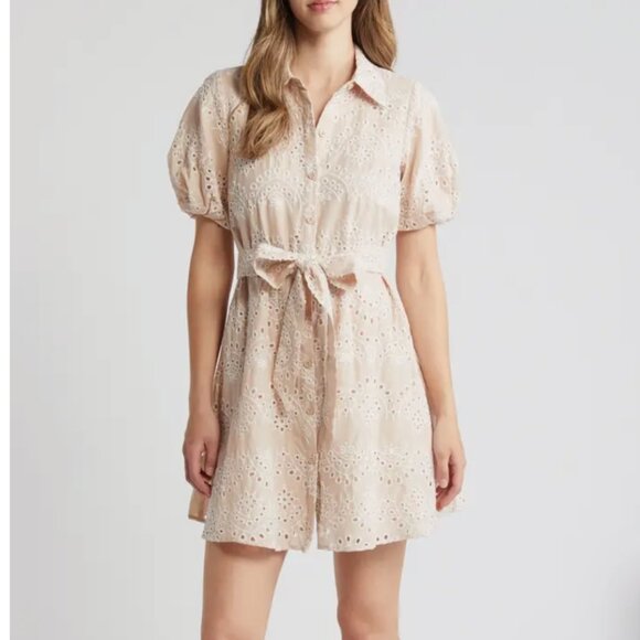 NWT Sam Edelman Short Sleeve Tan Eyelet Button Front Shirtdress in Women's 16 - Picture 1 of 16